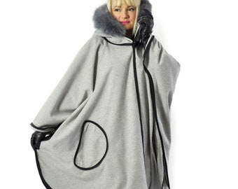Light Gray Wool Winter Cape With Fox Fur Hood, Handmade Luxury Maxi Cape Coat, Oversized Elegant CloakHooded Cape Coat,  Plus Size Clothing