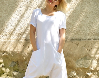 White Harem Jumpsuit for Women, Plus Size Romper, Cotton Jumpsuit, Harem Overalls, Maxi Loose Jumpsuit, Summer Jumpsuit, White Beach Romper