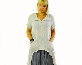 Asymmetrical Linen Tunic in Beige, Handmade Shirt, Button Down, Short Sleeves, Boho Minimalist Clothing, Oversized Tunic, Plus Size Women