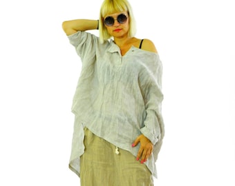 Haut tunique en lin, haut tunique pour femme, haut en lin grande taille, vêtements en lin, tunique d'été en lin, tunique à manches longues, tunique ample en lin, haut minimaliste