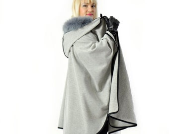 Winter Cape Coat, Fur Coat, Hooded Cape Coat, Plus Size Clothing, Women Gray Cape, Winter Coat, Relaxed Coat, Winter Cape, Wool Coat Cape
