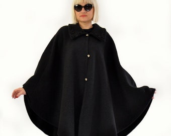 Wool Cape Coat, Black Winter Cloak, Gothic Jacket, Plus Size Cape Coat, Batwing Coat, Winter Poncho Cape, Evening Wool Coat, Medieval Cloak