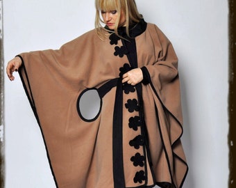 Unique Designer Fit and Flare Jacket Cape, Camel Wool Cape, Winter Wool Cloak, Maxi Beige Coat, Flower Cape, Maxi Wool Coat, Beige Coat