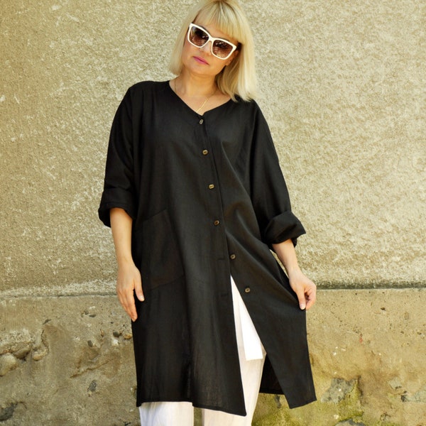 Tunic Top for Ladies, Long Linen Shirt, Linen Clothing For Women, Elegant Black Blouse, Plus Size Fashion, Black Linen Shirt, Extravagant