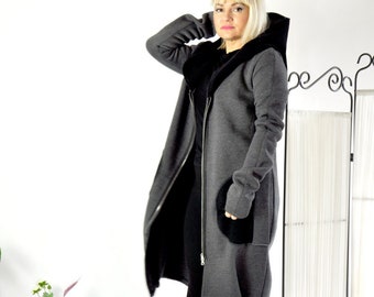 Abrigo largo con capucha gris oscuro, chaqueta de algodón de invierno para mujer