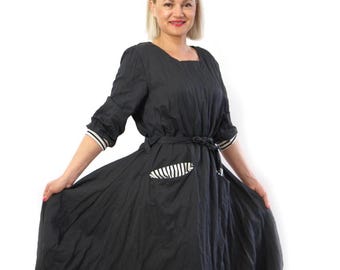 Black Maxi Dress, Black Cotton Taffeta Dress, Long Sleevess Dress, Gothic Dress, Plus Size Clothing, Fall Winter Dress, Black Long Dress
