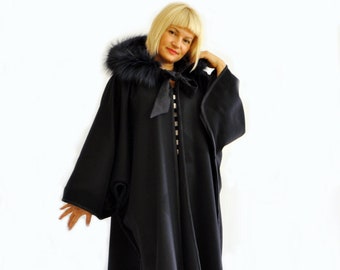 Black Wool Cape, Wool Winter Coat, Black Wool Coat, Plus Size Clothing, Hooded Coat, Fur Fox Coat, Wool Cloak, Winter Cloak, Gothic Coat