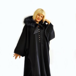 Black Wool Cape, Wool Winter Coat, Black Wool Coat, Plus Size Clothing, Hooded Coat, Fur Fox Coat, Wool Cloak, Winter Cloak, Gothic Coat image 1