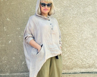 Bio Leinen Tunika für Frauen, asymmetrisches Leinen Top mit Kapuze, Übergröße Boho Long Shirt