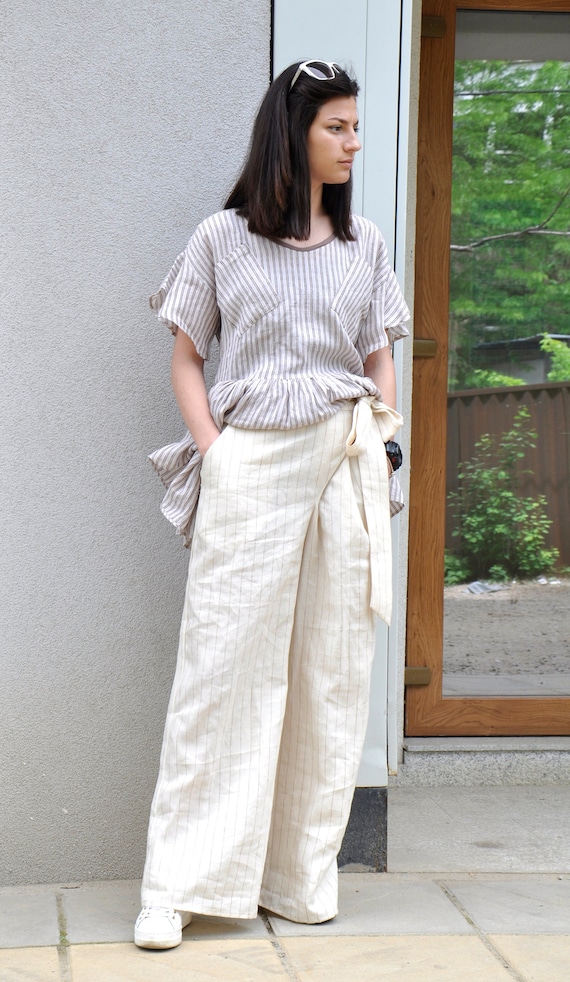 Striped Linen Pants Wide Leg Pants 