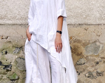 Women Linen Set Of Tunic And Pants, Linen Clothing For Women, White Linen Pants, Plus Size Clothing, White Linen Tunic, Linen Outfit, Gabyga