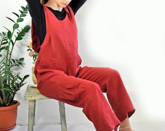 Boho Red Linen Jumpsuit, Oversized Dungarees, Linen Overalls Women, Plus Size Pinafore Jumpsuit, Baggy Linen Jumpsuit, Apron Jumpsuit