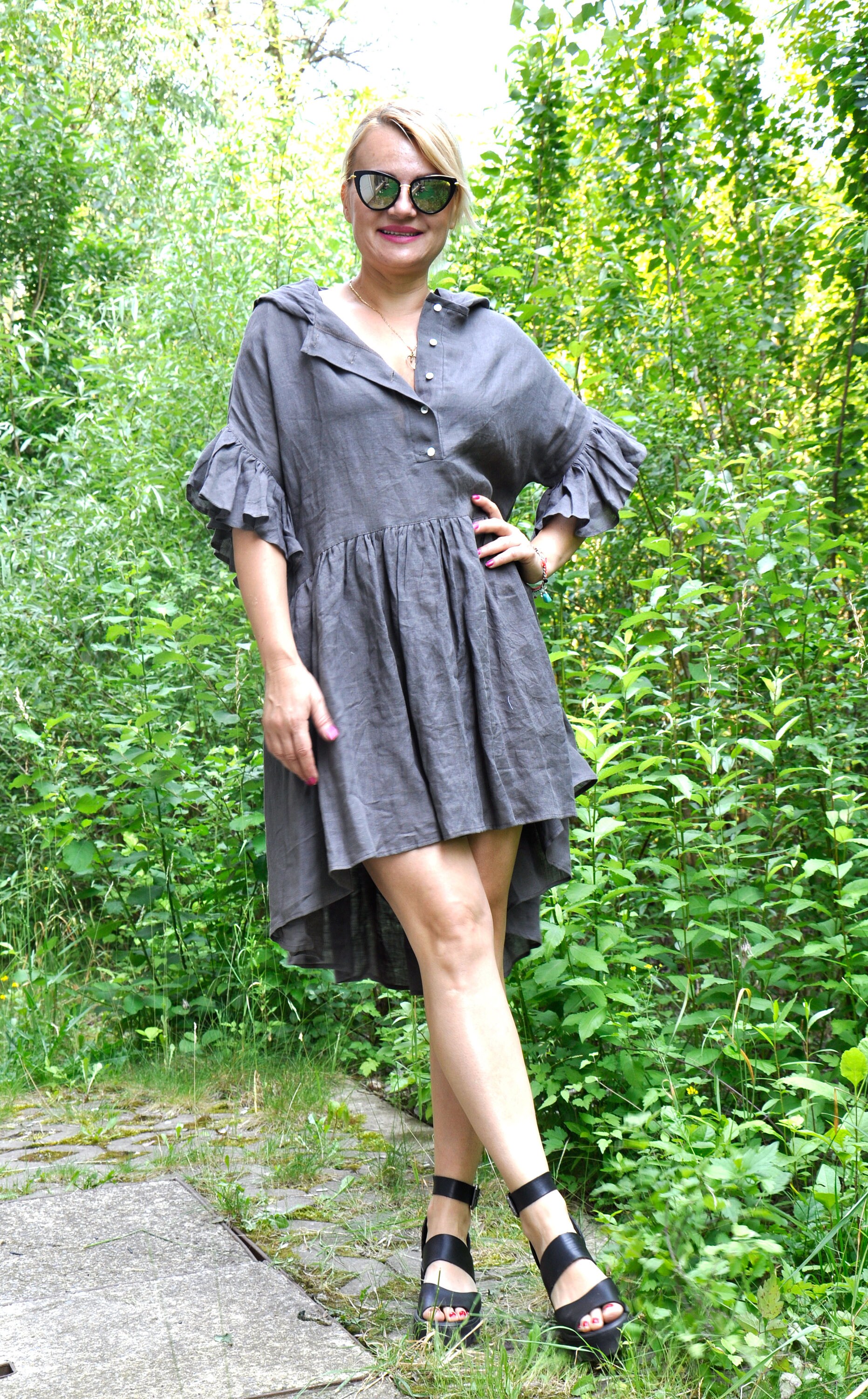 Hooded Linen Dress Midi Shirt Dress Women Linen Clothing Etsy
