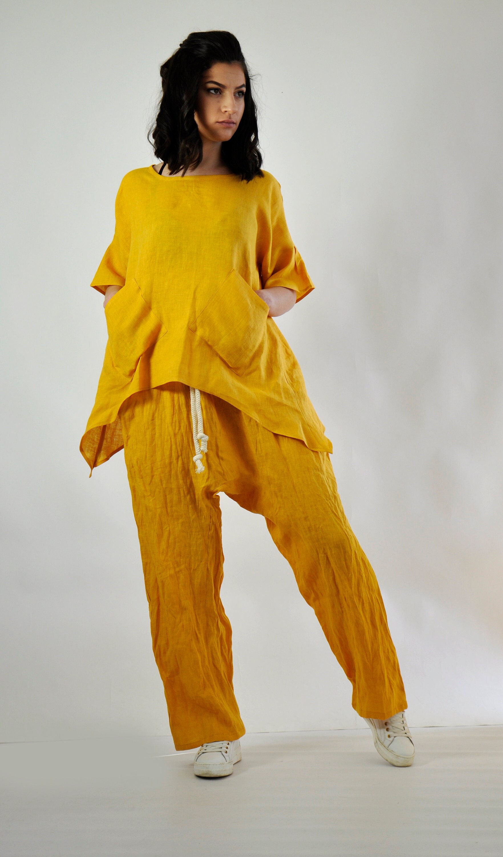 Mustard Linen Pantsuit Tunic and Pants 