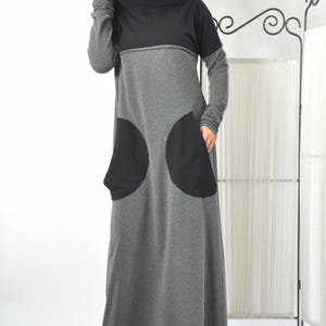 Quilted Cotton Hooded Maxi Dress, Black Gray Long Sleeve Kaftan with Pockets