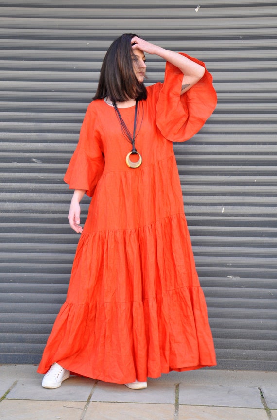 Linen Orange A-line Maxi Dress Plus Size Kaftan Dress Linen - Etsy ...