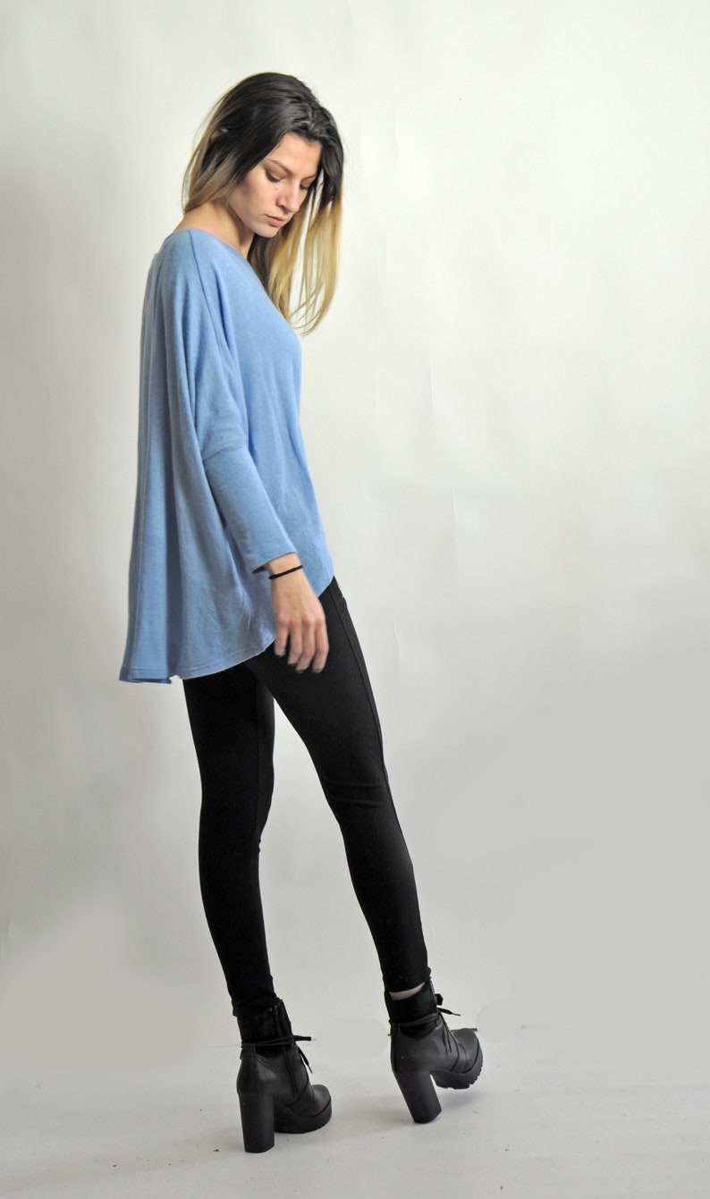 New Light Blue Tunic Maxi Top Loose Top Soft Mohair Knit Top Maxi Long sleeves Tunic Plus size Elegant Top Woman Soft wool topT19008