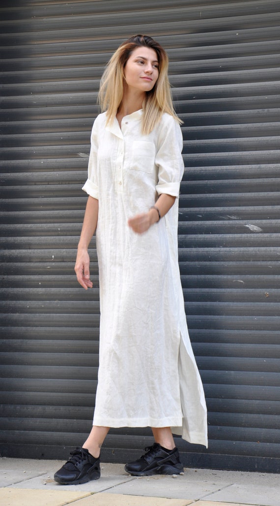 white linen shirt dress long