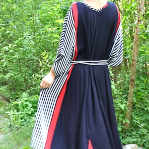 Navy Blue Maxi Dress, Lightweight Striped Viscose, Flowy Summer Dress, Long Loose Fit, Elegant Minimalist Style Dress, Blue Viscose Dress