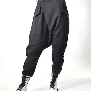 Black Harem Drop Crotch Pants, Loose Cotton Plus Size Trousers, Casual Asymmetrical Women’s Pants With Elastic Waist