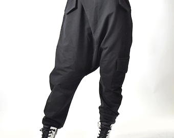 Black Harem Pants, Drop Crotch Pants, Loose Cotton Plus Size Pants, Casual Asymmetrical Women’s Pants With Elastic Waist, Gothic Pants
