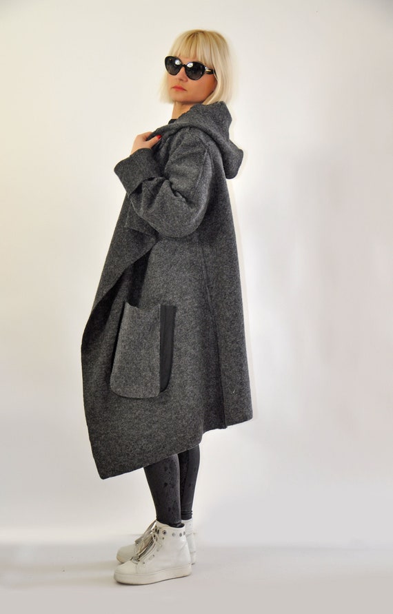 Gray Hooded Wool Coat Pin up Swing Coat 