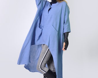 Sky Blue Linen Tunic Dress Top - Comfortable Attire with Hood & Pockets