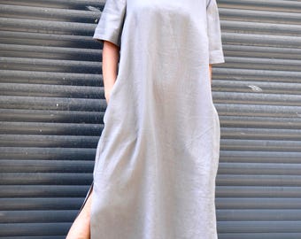 Vestido de lino gris, vestido de lino de verano, ropa de lino, vestido maxi de lino, vestido minimalista de lino, vestido largo de lino, ropa bohemia, Gabyga