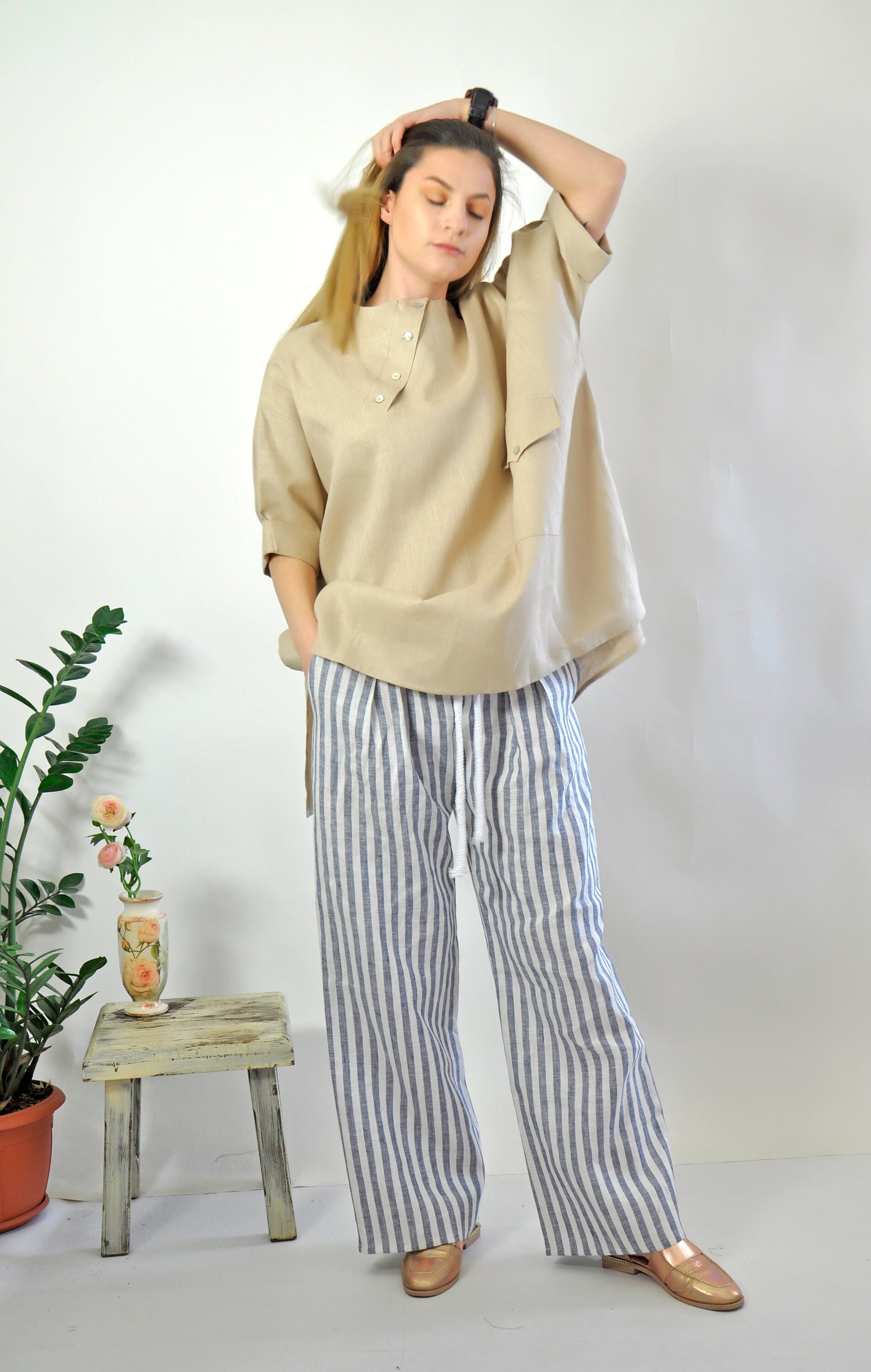 【COSYHARU】Summer Stripe Wide Linen Pants Linen Stripe Pants, Linen Pants, Wide Leg Pants, Women Pants