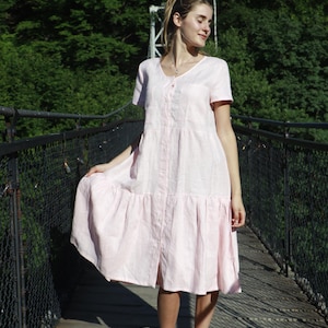 Blush Pink Linen Dress, Button Down Midi Dress with Ruffles, Bust Pockets, Romantic Linen Summer Shirt Dress, Handmade Soft Pink Linen Dress
