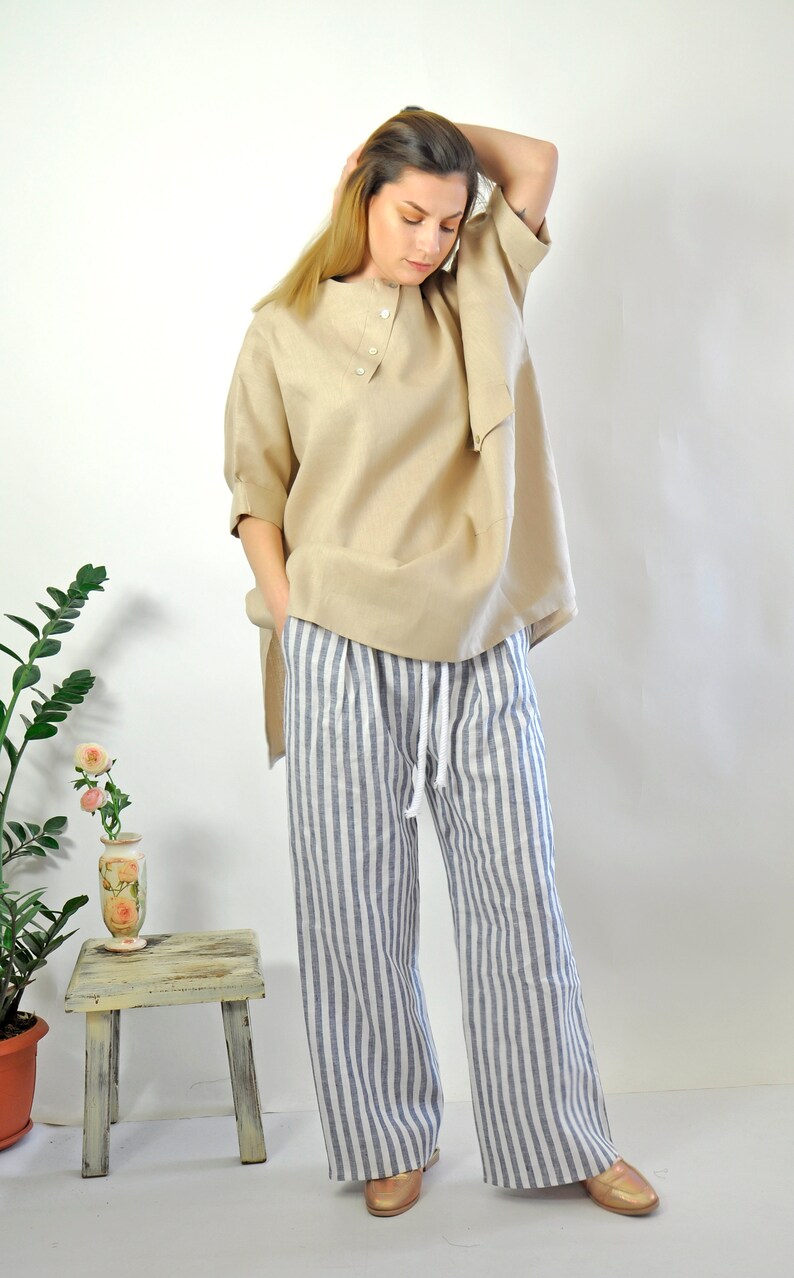 Linen Stripe Pants, Linen Pants, Wide Leg Pants, Women Pants, Linen Clothing, Summer Linen Pants, Beach Linen Pants, Long Pants, Relaxed image 7