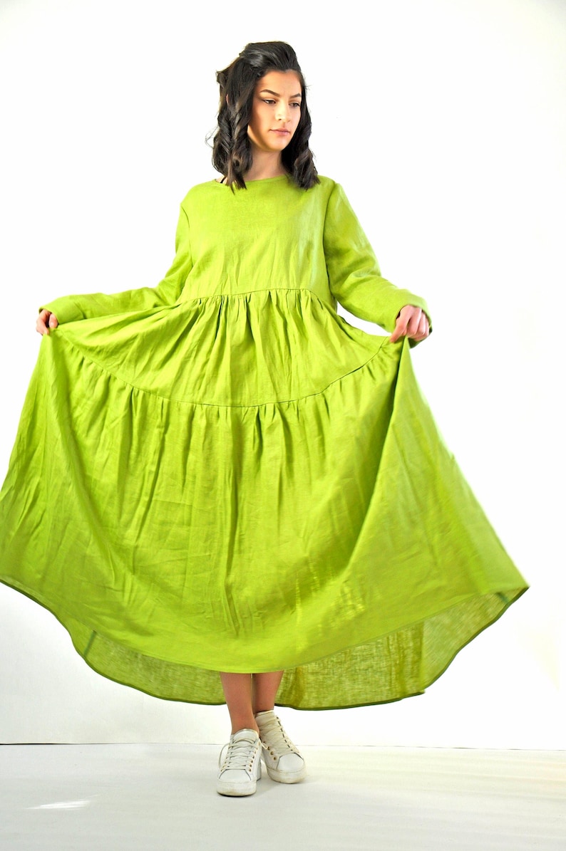 Light Green Linen Dress, Summer Kaftan, Bridesmaid Dress, Linen Wedding Dress, Chartreuse Dress, Wedding Guest Dress, Linen Long Maxi Dress image 2
