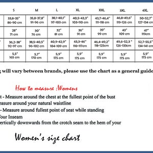 May include: A women's size chart with bust, waist, hips, and height measurements in inches and centimeters. The chart includes sizes XS to 4XL. Instructions on how to measure are also included, along with a diagram of a woman.