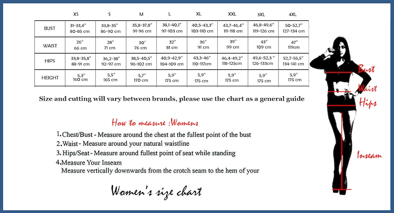 May include: A women's size chart with bust, waist, hips, and height measurements in inches and centimeters. The chart includes sizes XS to 4XL. Instructions on how to measure are also included, along with a diagram of a woman.