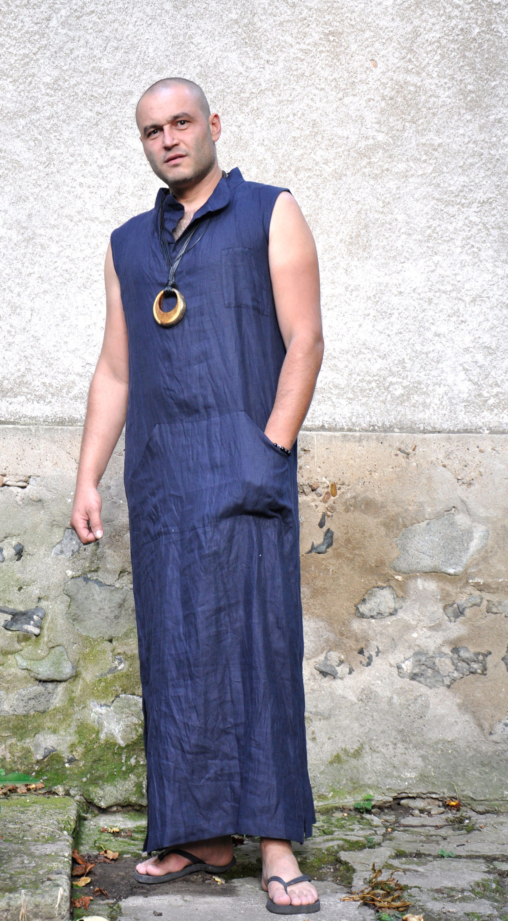 Dark Blue Tunic Linen Men Tunic Linen Men Dress Linen Robe Etsy
