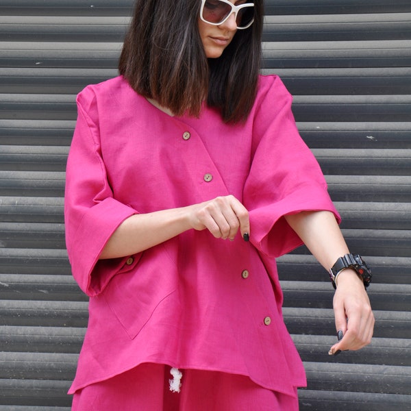 Chemise en lin fuschia, haut rose grande taille, vêtements en lin, chemise kimono d'été, chemise en lin japonaise, haut tunique rose, vêtement avant-gardiste maxi