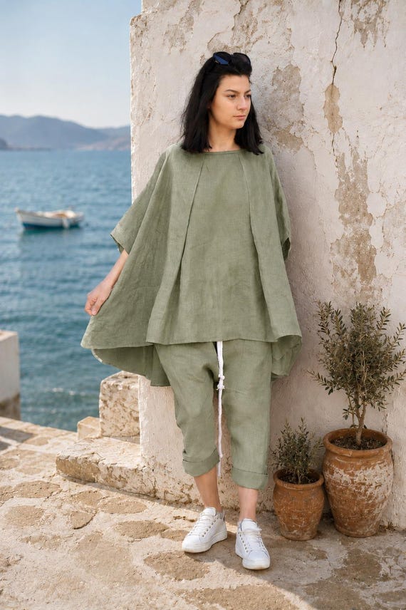 Orange Leinen Tunika und Hose Set, Relaxed Fit Sommer Outfit
