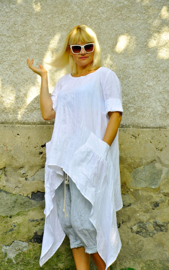 Linen Tunic Plus size Linen Top Shirt Dress Organic Natural white Linen Loose Summer Dress Linen Women Tunic RESERVED-Linen Blouse