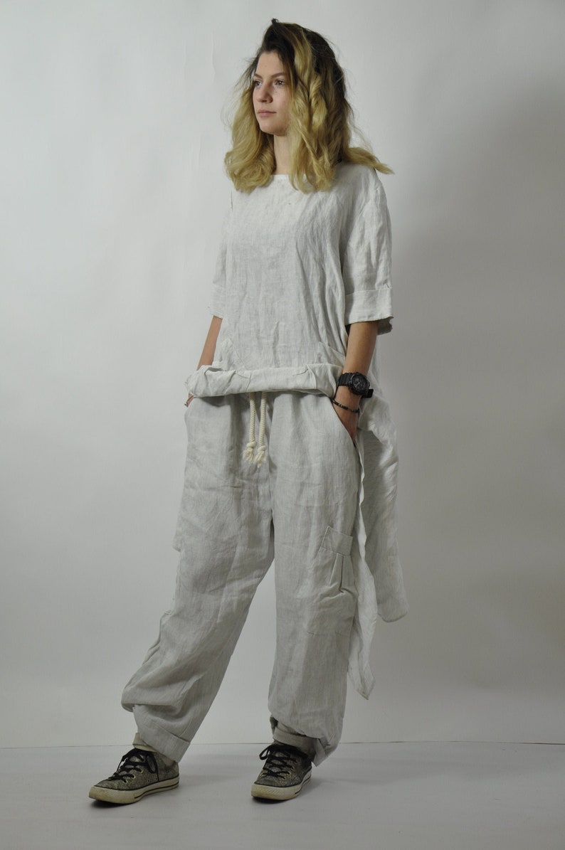 Off White Wide Linen Pants, Long Harem Pants, Linen Drop Crotch Trousers, Summer Clothing for Plus Size Women, Minimalist Loose Linen Pants image 3