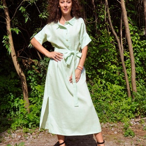 mint linen shirt dress for summer, linen women clothing, linen mint kaftan, summer linen maxi dress, bohemian long linen dress, buttons image 2