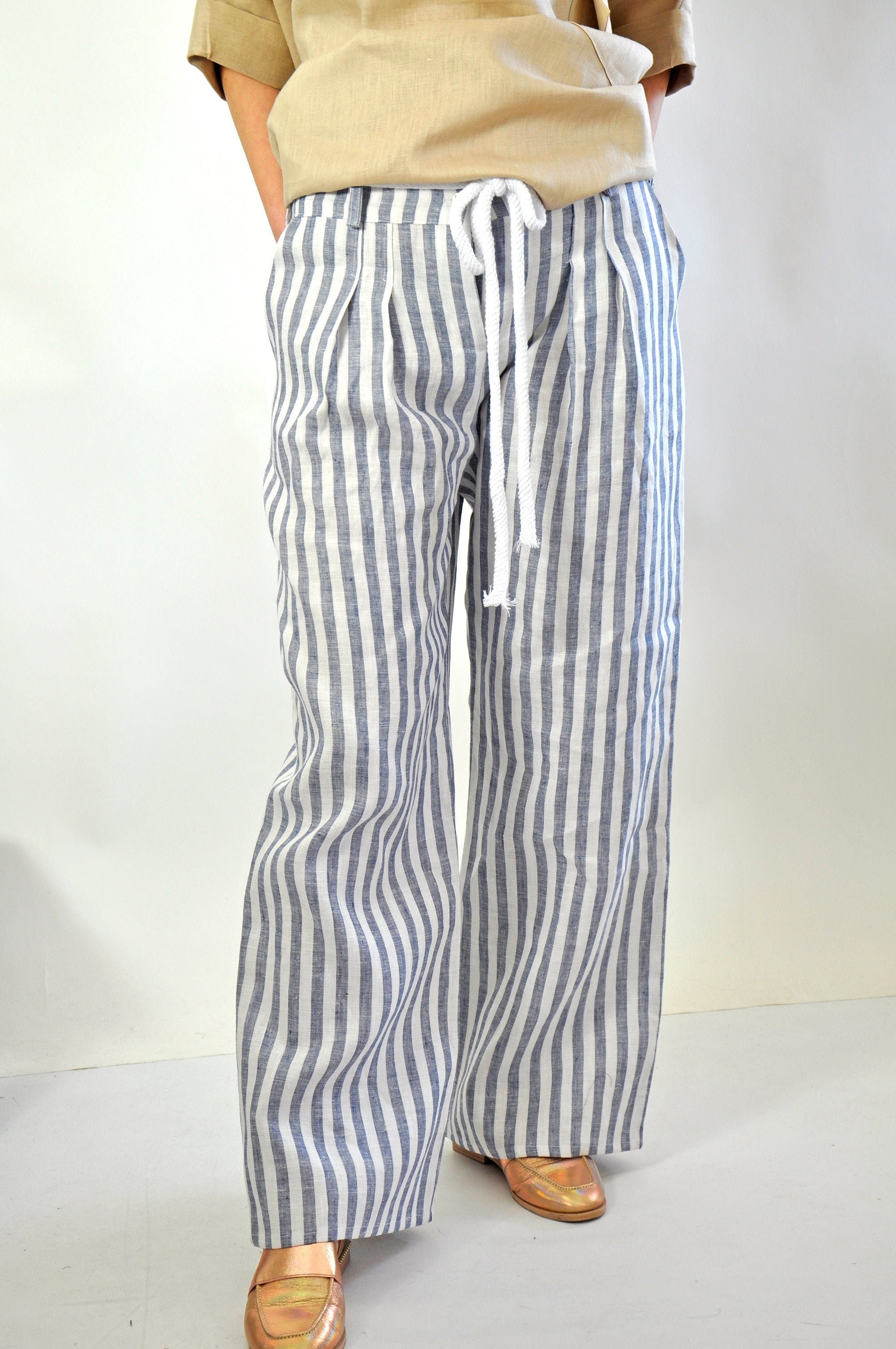 Wide Legged Linen Trousers With Belt and Pockets, High Waisted Pants,  Summer Palazzo Pants, Beach Pants for Women, Striped Pants for Ladies -   Canada