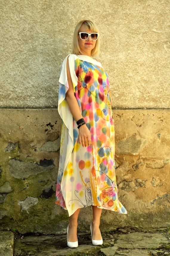 Robe en soie Tunique en soie peinte a la main Robe ample pour femme Robe surdimensionnee en soie Robe grande taille Caftan en soie Tunique de dessus Vetements d ete Etsy France