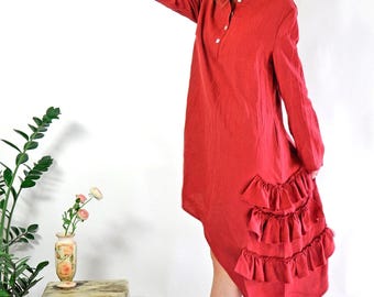 Dark Red Linen Shirt Dress For Women, Plus Size Clothing Bohemian Style
