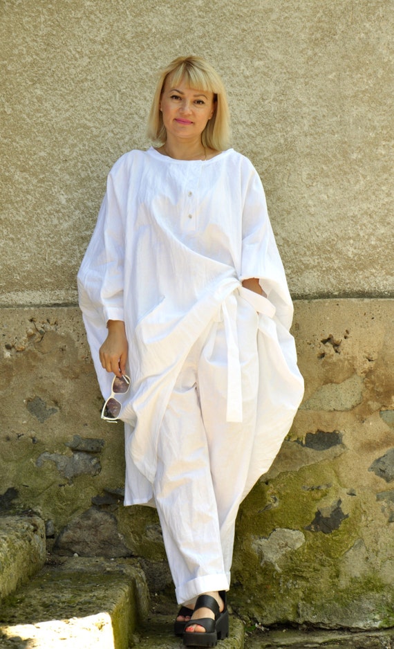 Linen Tunic and Pants Set, White Linen Outfit for Women, Linen