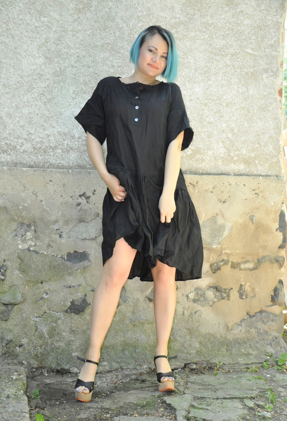 Black Linen Shirt Dress, Knee Length Ruffle Tunic, Relaxed Minimalist Outfit with Pockets