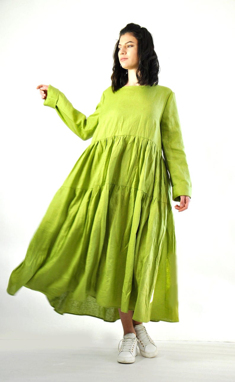 Light Green Linen Dress, Summer Kaftan, Bridesmaid Dress, Linen Wedding Dress, Chartreuse Dress, Wedding Guest Dress, Linen Long Maxi Dress image 1