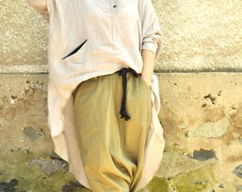 Oversized Linen Set, Linen Tunic with Hood & Pockets and Harem Pants Set, Oversized Loungewear, Boho Linen Outfit, Sustainable Clothing