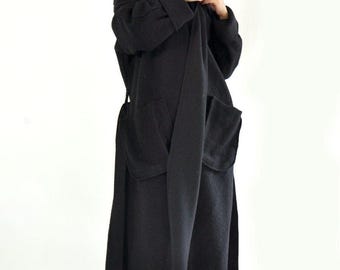 Long Black Wool Coat with Hood – Oversized Maxi Winter Coat for Women – Plus Size Handmade
