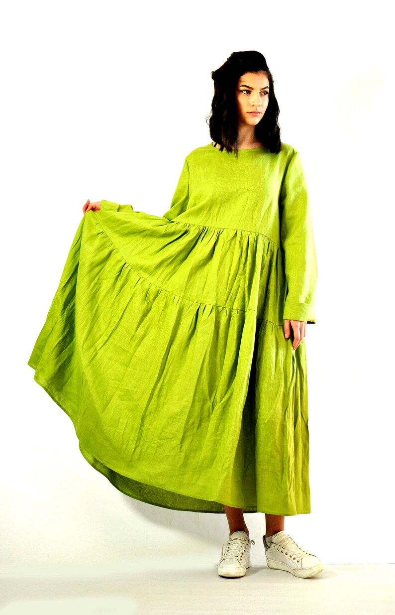 Light Green Linen Dress, Summer Kaftan, Bridesmaid Dress, Linen Wedding Dress, Chartreuse Dress, Wedding Guest Dress, Linen Long Maxi Dress image 4