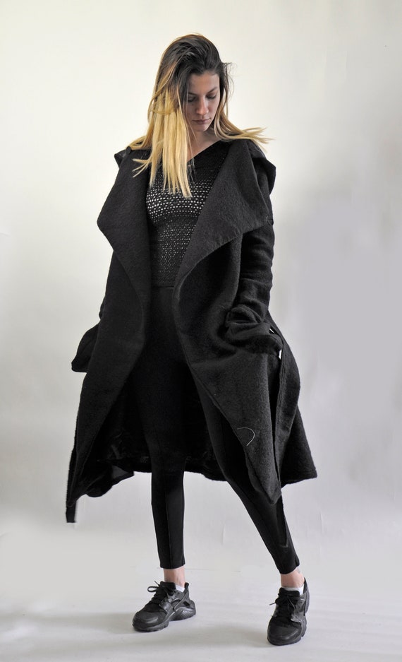 plus size long black wool coat